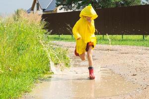 A girl in red rubber boots and a yellow raincoat runs through puddles after a rain in the village. Summer time, freedom, childhood photo