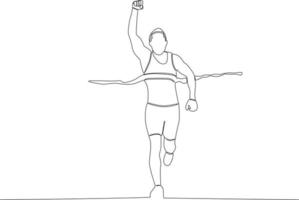 A runner reaches the finish line while holding his fists up vector