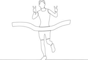 An athlete reaches the finish line while posing with two fingers vector