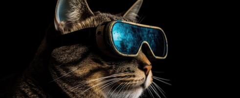 frio gato en azul Gafas de sol, sorprendentes negro fondo, último felino Moda generativo ai foto