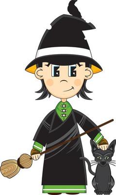 Cute Cartoon Magical Witch with Raven and Cat Halloween Illustration