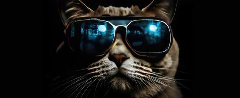 frio gato en azul Gafas de sol, sorprendentes negro fondo, último felino Moda generativo ai foto