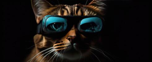 frio gato en azul Gafas de sol, sorprendentes negro fondo, último felino Moda generativo ai foto