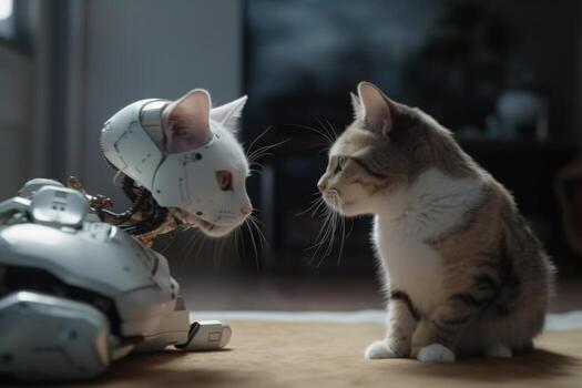 Cute cat and robot on table at home. Artificial intelligence concept. photo