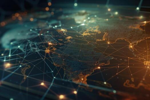 Interconnected Global Network, World Map Backdrop, 3D Rendered Toned Double Exposure photo