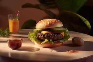 Tantalizing Toned Hamburger, Veggie Delight and Sauce, Striking Black Setting photo