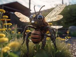 Futuristic Bee Robot, Perched on Flower, Garden Scene, Vintage Color Palette photo