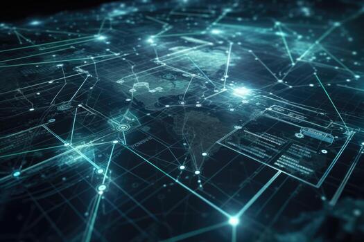 Interconnected Global Network, World Map Backdrop, 3D Rendered Toned Double Exposure photo