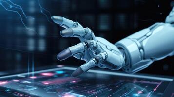Robot Hand Interacting with Digital Display, Dark Ambiance, Tech and Finance Fusion photo