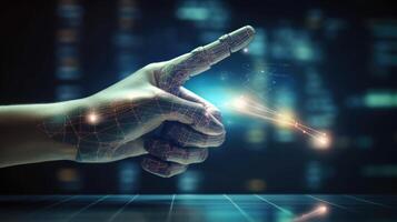 Robot Hand Interacting with Digital Display, Dark Ambiance, Tech and Finance Fusion photo