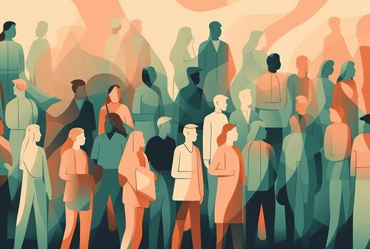 Multicultural Crowd Silhouettes, Colorful Stripes, Flat Vector Illustration Style. photo