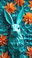 Captivating Lucky Bunny Tarot Card, Cut Paper Origami Art, Dark Turquoise and Light Orange, Luxurious Wall Hanging. photo