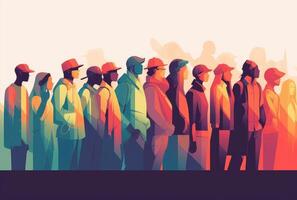 Multicultural Crowd Silhouettes, Colorful Stripes, Flat Vector Illustration Style. photo