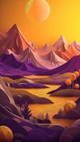 papel cortar obra de arte para un paisaje con montañas y el sol, en el estilo de amarillo y Violeta, realista aún estilizado, esférico esculturas, calentar color paletas generativo ai foto