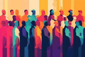 Multicultural Crowd Silhouettes, Colorful Stripes, Flat Vector Illustration Style. photo