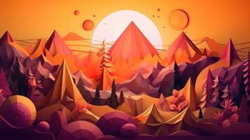 Paper cut artwork for a landscape with mountains and the sun, in the style of yellow and violet, realistic yet stylized, spherical sculptures, warm color palettes. photo