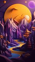 Paper cut artwork for a landscape with mountains and the sun, in the style of yellow and violet, realistic yet stylized, spherical sculptures, warm color palettes. photo