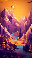 Paper cut artwork for a landscape with mountains and the sun, in the style of yellow and violet, realistic yet stylized, spherical sculptures, warm color palettes. photo