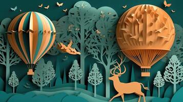 a paper art with hot air balloon flying with trees and deer in the sky, in the style of dark turquoise and light orange, wallpaper, multilayered dimensions, luxurious wall hangings. photo