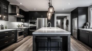 Interior of modern kitchen with black and wooden walls, concrete floor, wooden countertops and bar with stools. photo