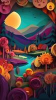 Paper cut artwork for a landscape with mountains and the sun, in the style of yellow and violet, realistic yet stylized, spherical sculptures, warm color palettes. photo