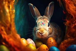 Easter Bunny and Colorful Easter Eggs Background. Digital Painting. photo