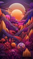 Paper cut artwork for a landscape with mountains and the sun, in the style of yellow and violet, realistic yet stylized, spherical sculptures, warm color palettes. photo