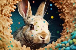 Easter Bunny and Colorful Easter Eggs Background. Digital Painting. photo