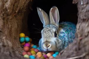 Easter Bunny and Colorful Easter Eggs Background. Digital Painting. photo