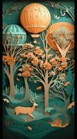 a paper art with hot air balloon flying with trees and deer in the sky, in the style of dark turquoise and light orange, wallpaper, multilayered dimensions, luxurious wall hangings. photo