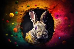 Easter Bunny and Colorful Easter Eggs Background. Digital Painting. photo