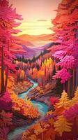 Paper cut artwork for a landscape with mountains and the sun, in the style of yellow and violet, realistic yet stylized, spherical sculptures, warm color palettes. photo