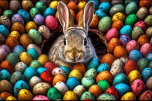 Easter Bunny and Colorful Easter Eggs Background. Digital Painting. photo