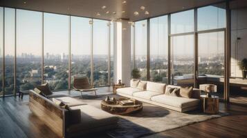 Opulent Luxury Living Room, Panoramic City View, Modern Furniture and Decor. photo