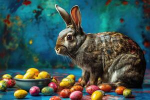 Easter Bunny and Colorful Easter Eggs Background. Digital Painting. photo