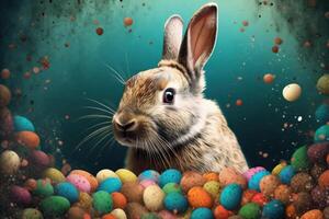 Easter Bunny and Colorful Easter Eggs Background. Digital Painting. photo