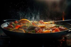 Sizzling Vegetable Stew, Frying Pan Delight, Dark Background, Culinary Masterpiece photo