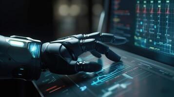 Robot Hand Interacting with Digital Display, Dark Ambiance, Tech and Finance Fusion photo