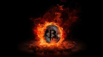 Flaming Bitcoin, Striking 3D Render, CGI Illustration, Dramatic Black Backdrop photo