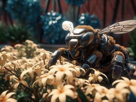 Futuristic Bee Robot, Perched on Flower, Garden Scene, Vintage Color Palette photo