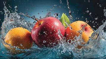 Fresh Fruits, Water Splash Impact, Dark Backdrop, Embracing Healthy Lifestyle photo