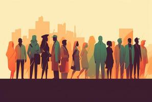 Multicultural Crowd Silhouettes, Colorful Stripes, Flat Vector Illustration Style. photo