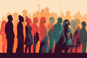 Multicultural Crowd Silhouettes, Colorful Stripes, Flat Vector Illustration Style. photo