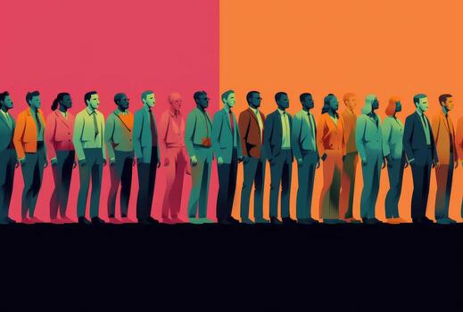 Multicultural Crowd Silhouettes, Colorful Stripes, Flat Vector Illustration Style. photo