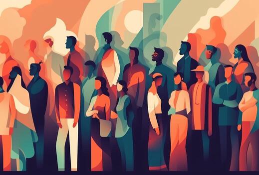 Multicultural Crowd Silhouettes, Colorful Stripes, Flat Vector Illustration Style. photo