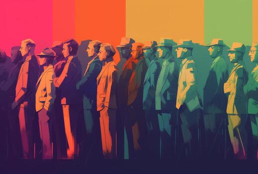 Multicultural Crowd Silhouettes, Colorful Stripes, Flat Vector Illustration Style. photo