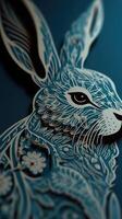 Captivating Lucky Bunny Tarot Card, Cut Paper Origami Art, Dark Turquoise and Light Orange, Luxurious Wall Hanging. photo