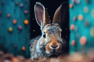 Easter Bunny and Colorful Easter Eggs Background. Digital Painting. photo