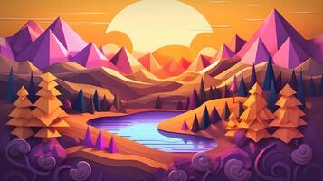 Paper cut artwork for a landscape with mountains and the sun, in the style of yellow and violet, realistic yet stylized, spherical sculptures, warm color palettes. photo