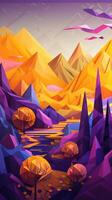 Paper cut artwork for a landscape with mountains and the sun, in the style of yellow and violet, realistic yet stylized, spherical sculptures, warm color palettes. photo